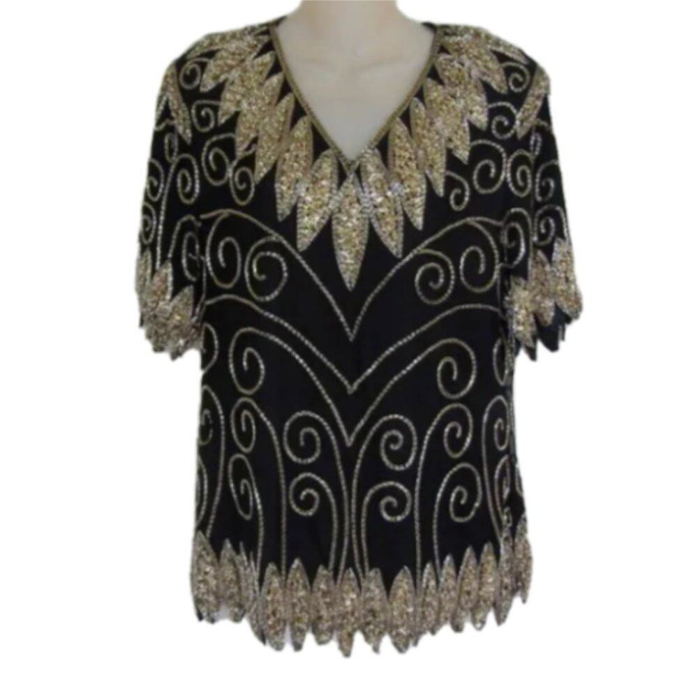 Vintage Valentino Style Sequins & Silk Art Deco Blouse by Jean for Joseph LeBon